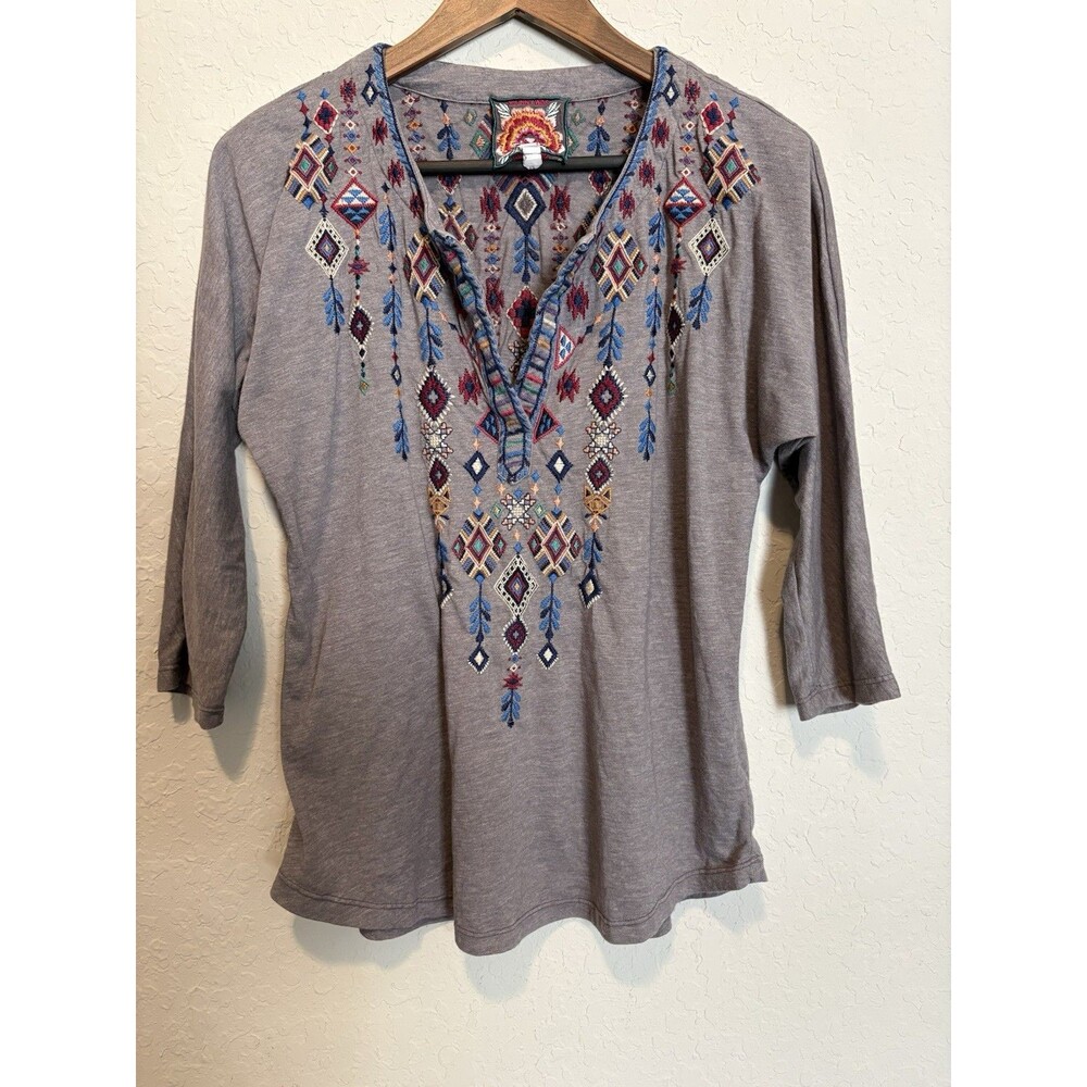 Johnny Was Embroidered Tunic Top Womens Size XS Ruah Kit Boho Split Neck